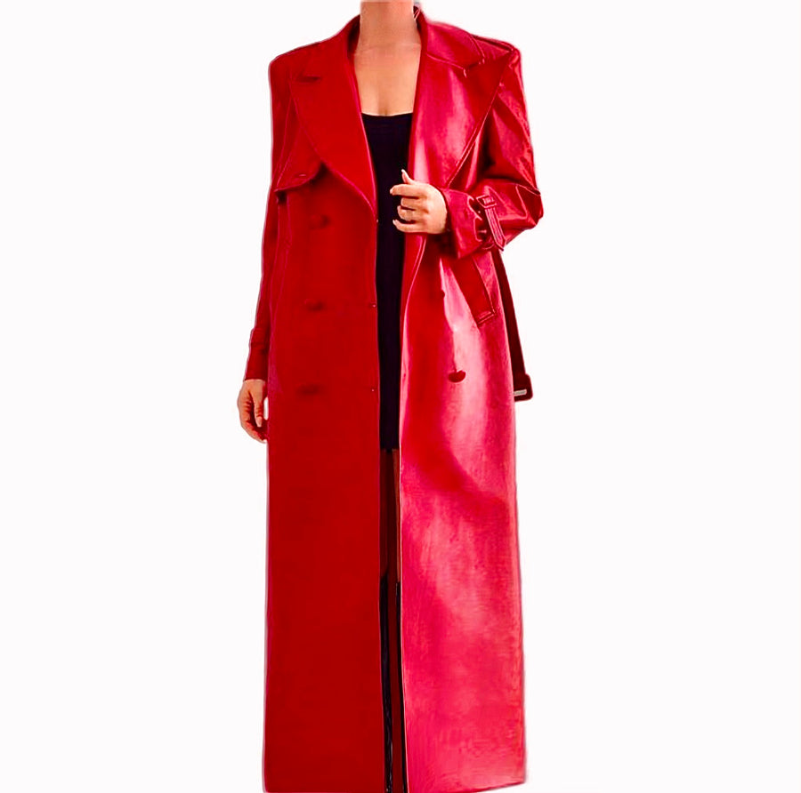 Manteau oversize long similicuir rouge