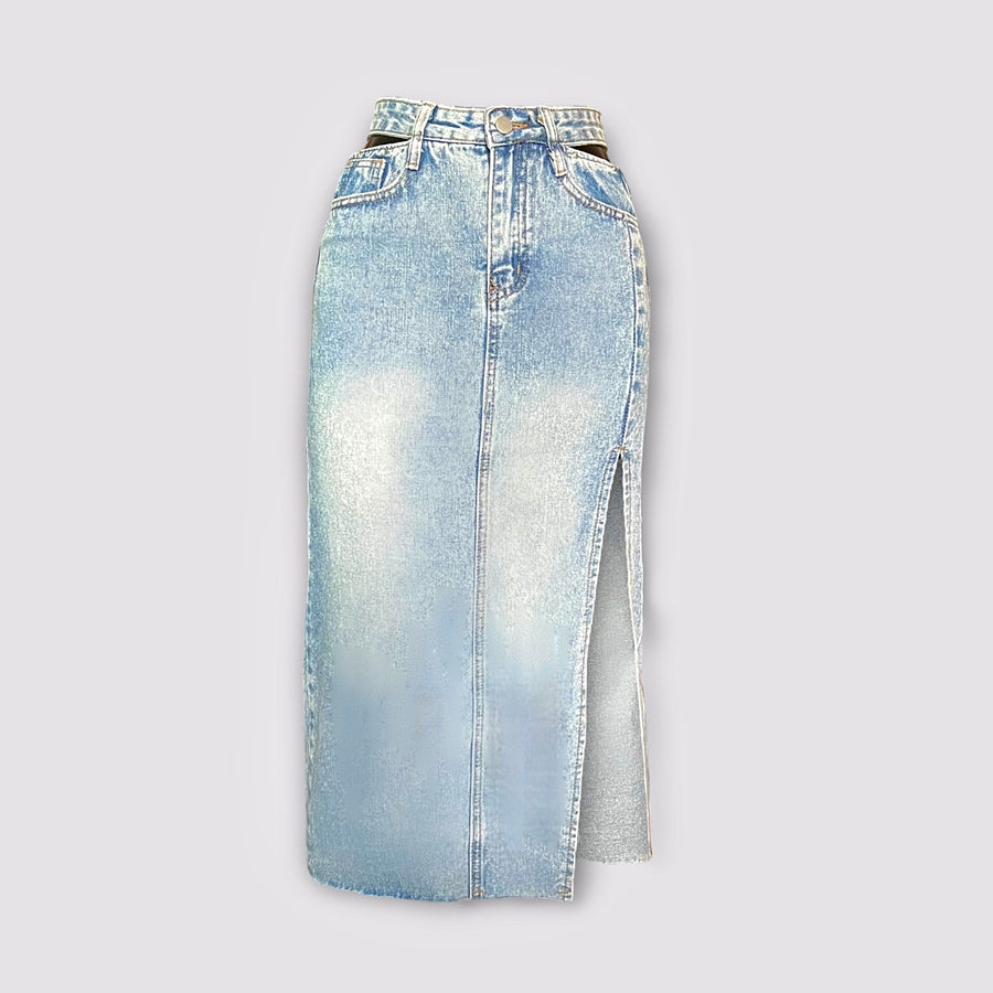 Jupe mi-longue fendue en jean