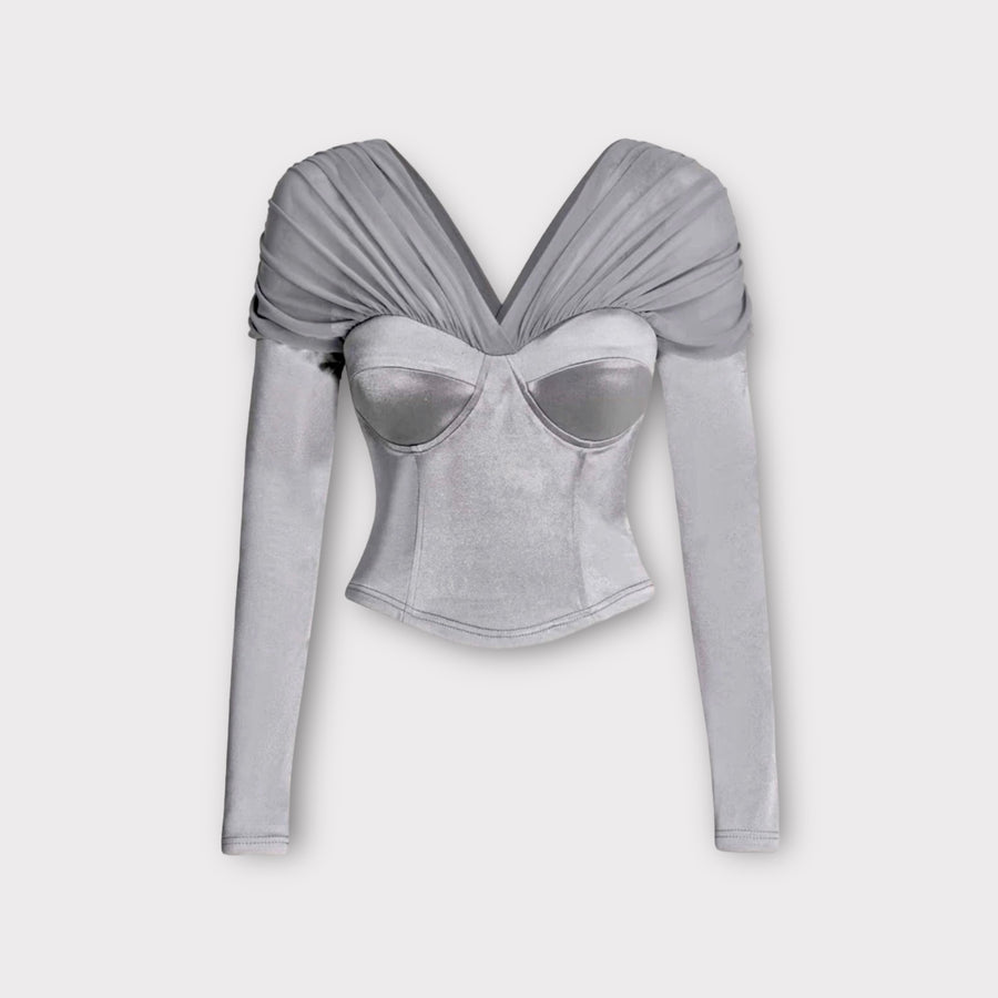 Top bustier col V à manches longues,en satin argent