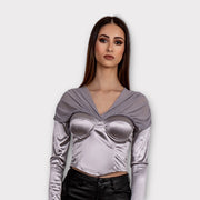 Top bustier col V à manches longues,en satin argent