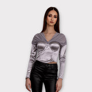 Top bustier col V à manches longues,en satin argent